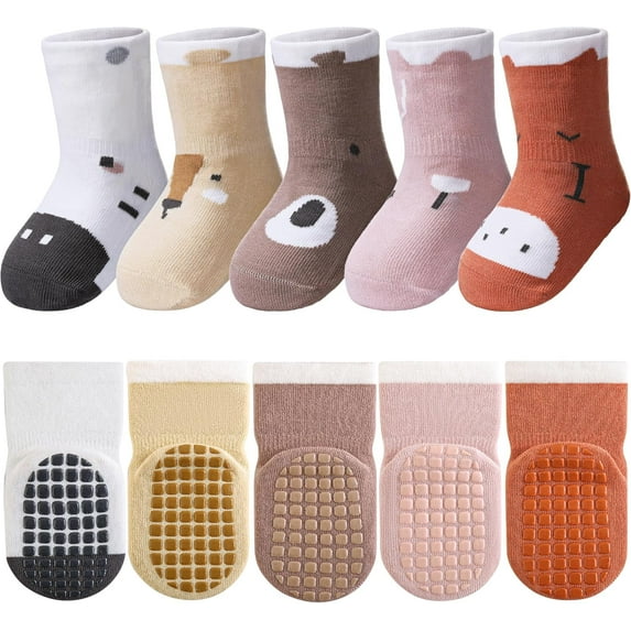 5 Pairs Toddler Non Slip Socks with Grips Baby Socks for Kids Girls Boys