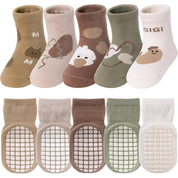 5 Pairs Toddler Non Slip Socks with Grips Baby Socks for Kids Girls Boys