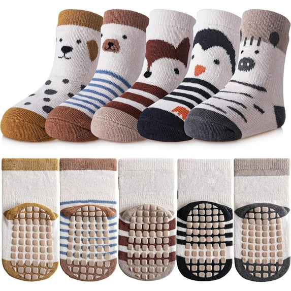 5 Pairs Toddler Non Slip Socks with Grips Baby Socks for Kids Girls Boys
