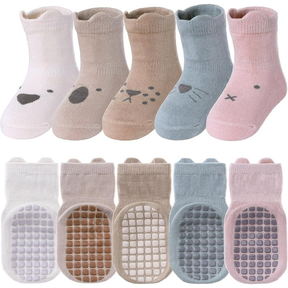 5 Pairs Toddler Non Slip Socks with Grips Baby Socks for Kids Girls Boys