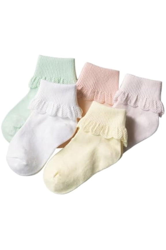 5 Pairs Toddler Ruffle Socks for Girls Uniform Dress Socks for Baby Kids Seamless Crew Ankle Cotton Size 0-5 Years