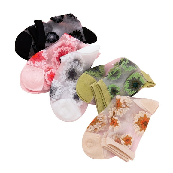 5 Pairs Transparent Socks Women Sheer Floral Flower