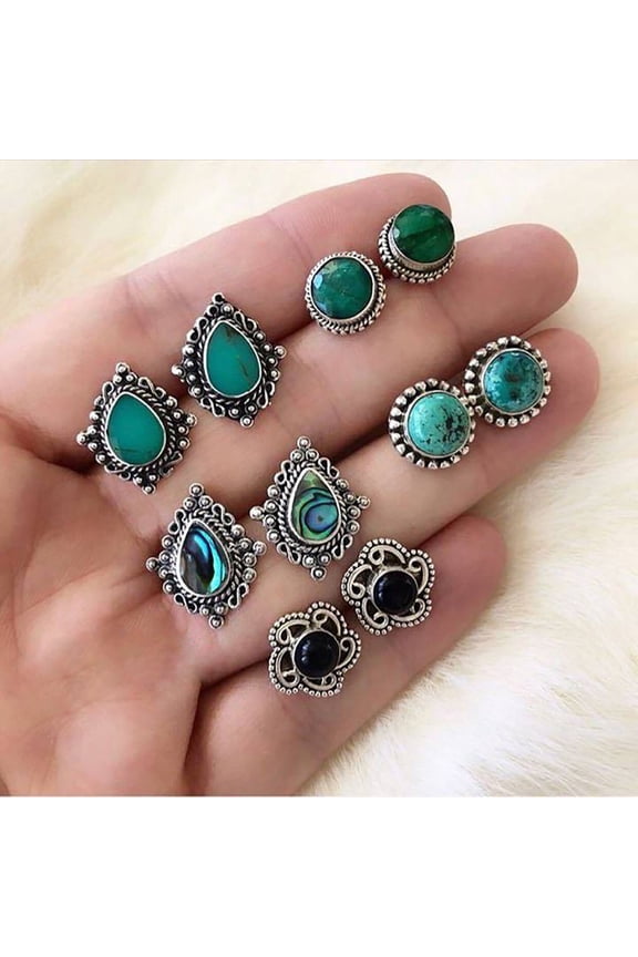 5 Pairs Turquoise Stud Earrings Small Geometric Oval Round Flower Earrings Gemstone Cut Shape Square Studs Turquoise Jewelry
