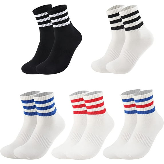 5 Pairs Unisex Stripe Crew Socks Breathable Athletic Sports Gym School Casual Quarter Ankle Socks for Men Women