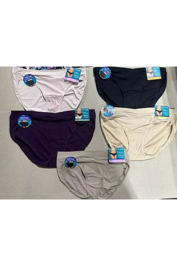 5 Pairs Vanity Fair Beyond Comfort Silky Stretch Bikini Panty 18291 Assorted, Size 7