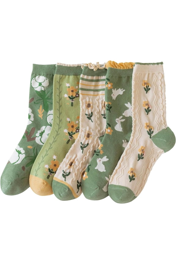 5 Pairs Vintage Floral Crew Socks for Women, Soft Cotton Embroidered, Cottagecore Ruffle Socks for Casual & Dress Wear