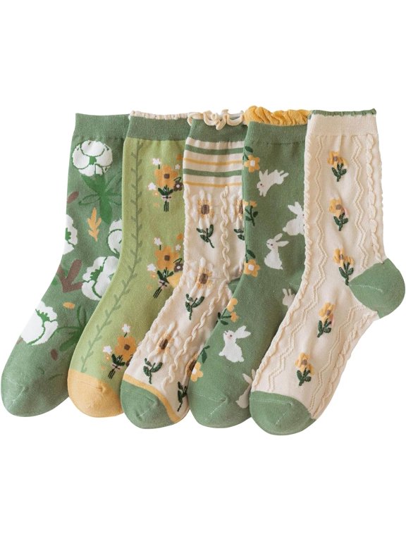 5 Pairs Vintage Floral Crew Socks for Women, Soft Cotton Embroidered, Cottagecore Ruffle Socks for Casual & Dress Wear