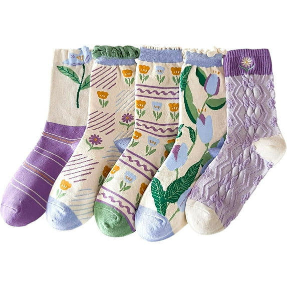 5 Pairs Vintage Floral Crew Socks for Women, Soft Cotton Embroidered, Cottagecore Ruffle Socks for Casual & Dress Wear