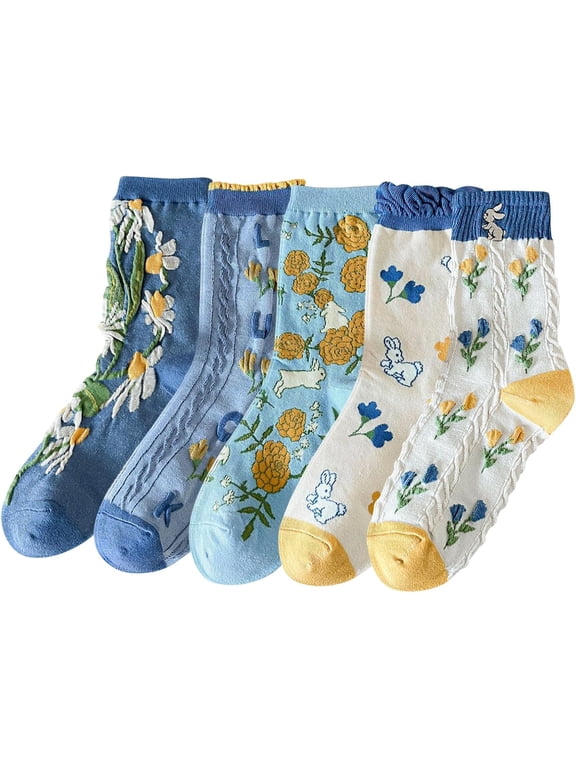5 Pairs Vintage Floral Crew Socks for Women, Soft Cotton Embroidered, Cottagecore Ruffle Socks for Casual & Dress Wear