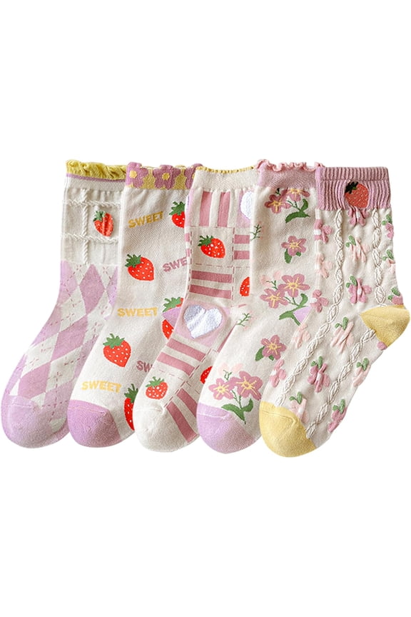 5 Pairs Vintage Floral Crew Socks for Women, Soft Cotton Embroidered, Cottagecore Ruffle Socks for Casual & Dress Wear