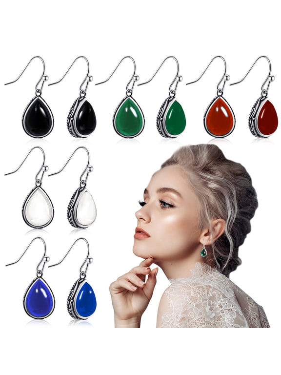 5 Pairs Vintage Teardrop Birthstone Earrings Set, Stainless Steel Hook Drop Earrings for Women Adult (Red, Green, White, Blue, Black)