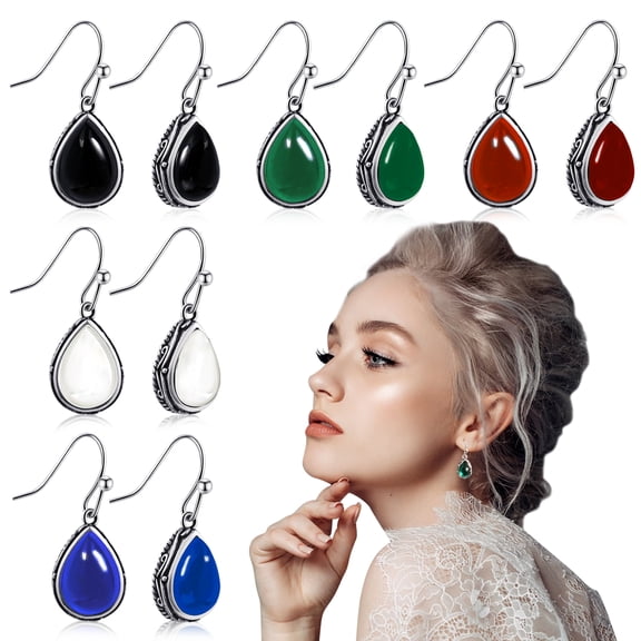 5 Pairs Vintage Teardrop Birthstone Earrings Set, Stainless Steel Hook Drop Earrings for Women Adult (Red, Green, White, Blue, Black)