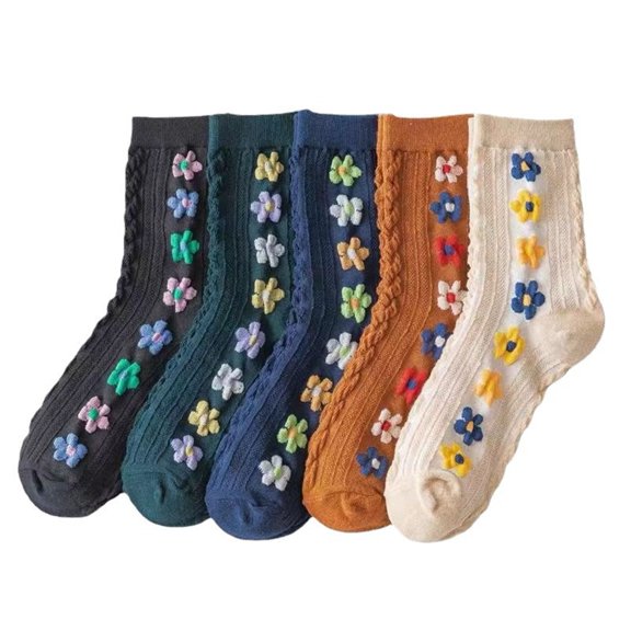 5 Pairs White Cute Socks, Women's Lace Ruffles Ankle Casual Sock, Breathable Mid Tube Socks, Floral Crew Socks