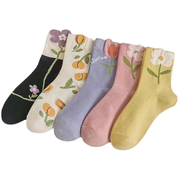5 Pairs White Cute Socks, Women's Lace Ruffles Ankle Casual Sock, Breathable Mid Tube Socks, Floral Crew Socks