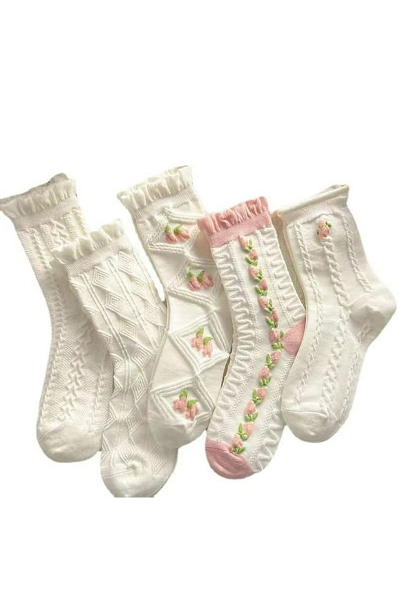 5 Pairs White Cute Socks Women's Lace Ruffles Ankle Casual Sock Breathable Mid Tube SocksFloral Crew Socks