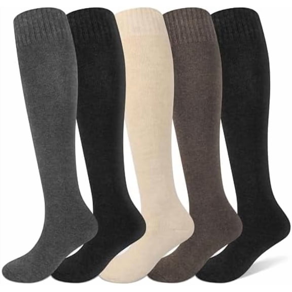 5 Pairs Winter Knee High Socks Warm Tall Boot, Soft Knit Thermal Cotton Long Socks for Women Gifts