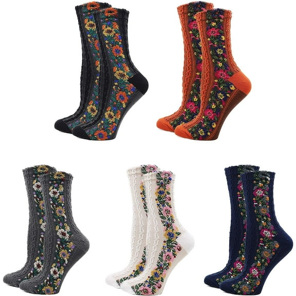 5 Pairs Winter Warm Boot Socks for Women, Cute Funny Slouchy Cotton Crew Socks, Vintage Floral Knit Novelty Socks