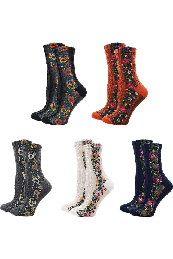 5 Pairs Winter Warm Boot Socks for Women, Cute Funny Slouchy Cotton Crew Socks, Vintage Floral Knit Novelty Socks