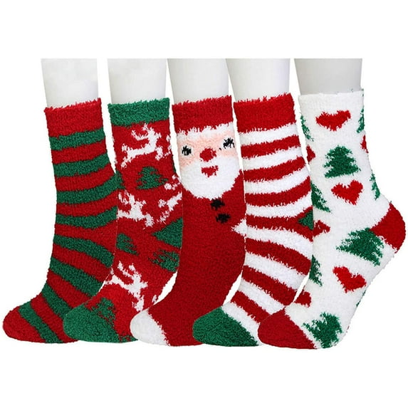 5 Pairs Women Christmas Fuzzy Socks Winter Holiday Warm Socks Plush Slipper Socks