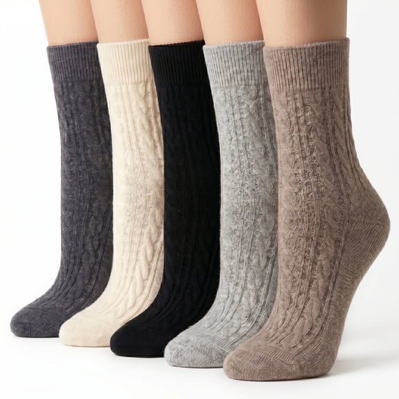 5 Pairs Women Classic Cable Knit Crew Socks Assorted Colors Mid Calf Boots Casual Socks