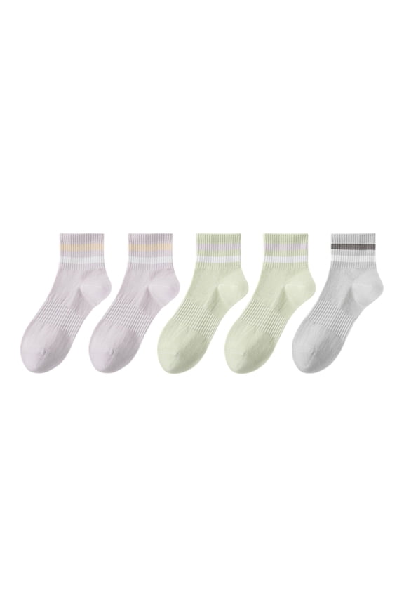 5 Pairs Women Cotton Ankle Socks with Pastel Striped Cuffs Soft Breathable Knit Fabric for Everyday Comfort - 5 pcs-1