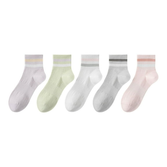 5 Pairs Women Cotton Ankle Socks with Pastel Striped Cuffs Soft Breathable Knit Fabric for Everyday Comfort - 5 pcs-4