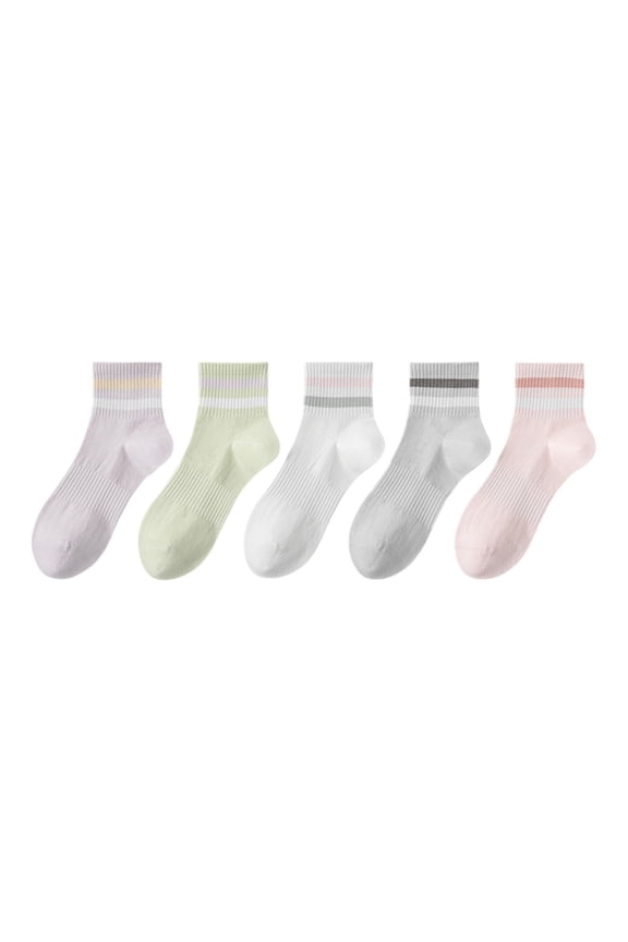 5 Pairs Women Cotton Ankle Socks with Pastel Striped Cuffs Soft Breathable Knit Fabric for Everyday Comfort - 5 pcs-4