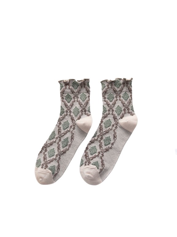 5 Pairs Women Cotton Flower Mid Calf Socks Stretch Rolled Edge Sports Crew Socks