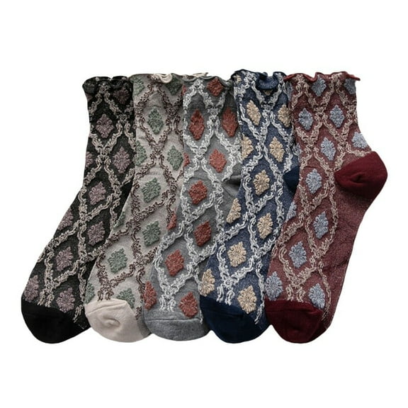 5 Pairs Women Cotton Flower Mid Calf Socks Stretch Rolled Edge Sports Crew Socks