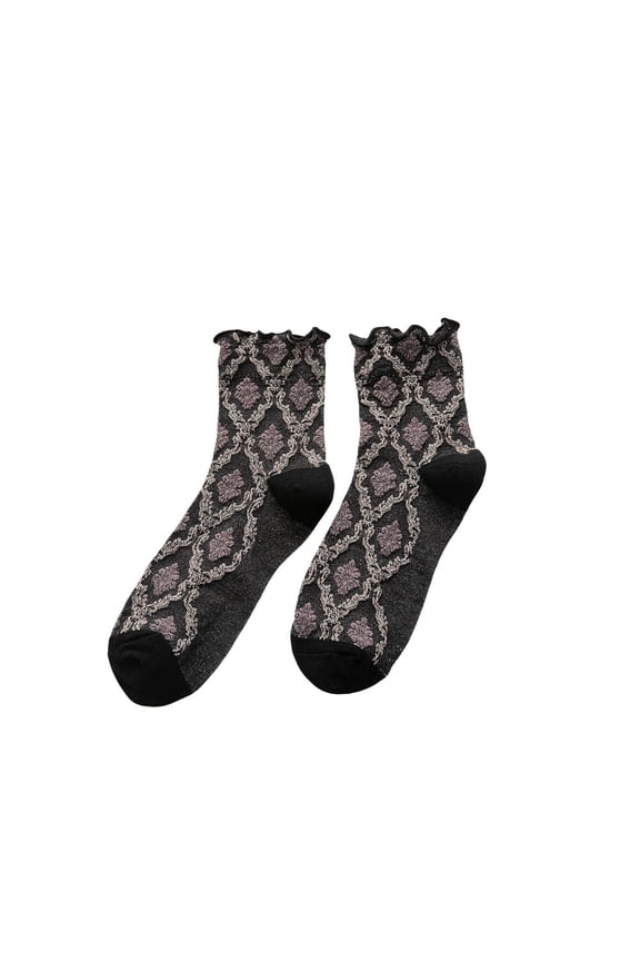 5 Pairs Women Cotton Flower Mid Calf Socks Stretch Rolled Edge Sports Crew Socks