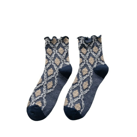 5 Pairs Women Cotton Flower Mid Calf Socks Stretch Rolled Edge Sports Crew Socks
