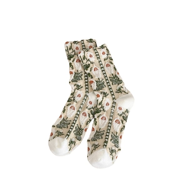 5 Pairs Women Cotton Flower Mid Calf Tube Stretch Sports Crew Socks Stockings