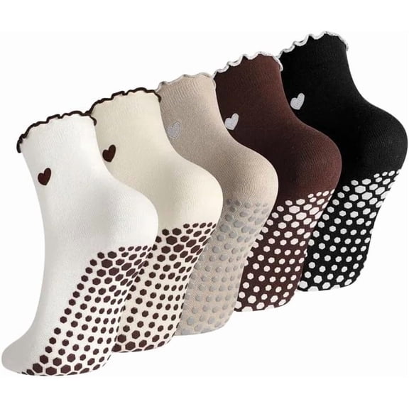 5 Pairs Women Cute Pilates Grippy Socks Non-Slip Ruffle Yoga Socks Pilates Sock with Grips for Barre Workout