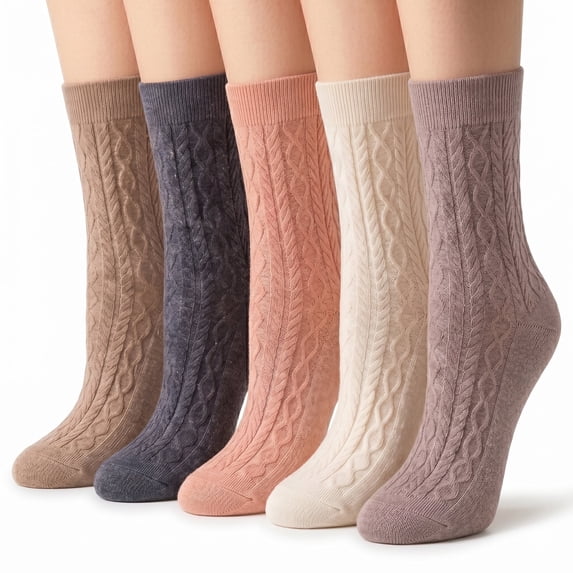 5 Pairs Women Diamond Knit Crew Socks Assorted Colors Mid Calf Boots Casual Socks