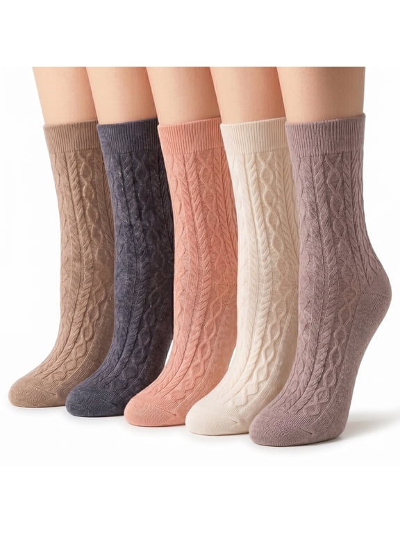 5 Pairs Women Diamond Knit Crew Socks Assorted Colors Mid Calf Boots Casual Socks