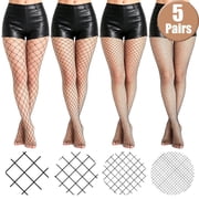5 Pairs Fishnet Tights for Women - High Waisted Thigh High Stockings, Hollow Mesh Pantyhose, Black Nylon Fishnets for Party Date Night