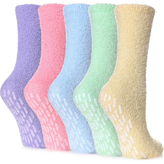 5 Pairs Women Fuzzy Cozy Anti Skid Slipper Socks Winter Warm Soft Fluffy Sleep Socks, Non Slip Hospital Socks for Women with Grips