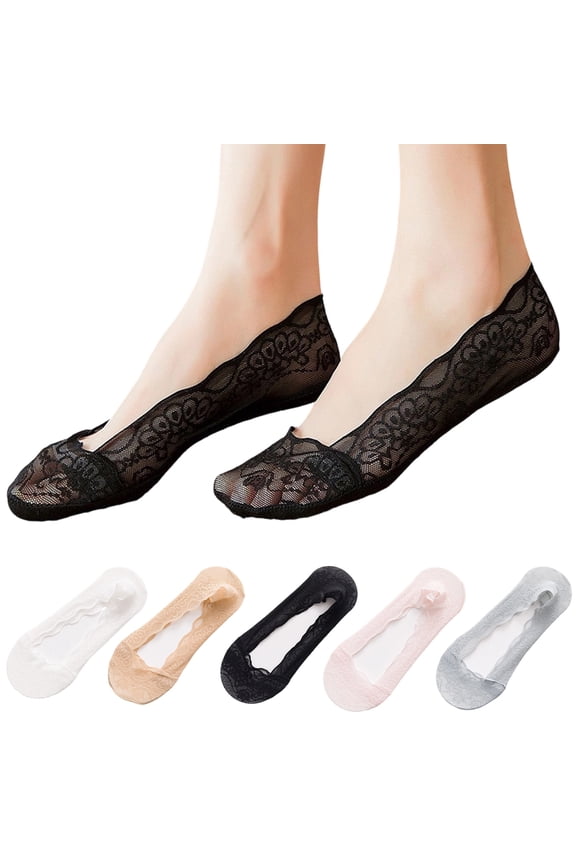 5 Pairs Women Lace Mesh Invisible No Show Liner Socks Breathable Heel Grip for Flats Loafers,One Size