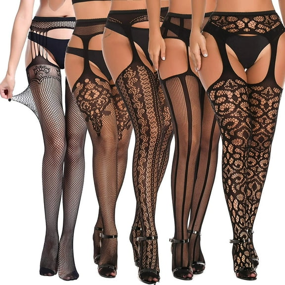 5 Pairs Women Lingerie Garter Belt Stocking Sexy Fishnet Thigh High Tights Suspender Pantyhose