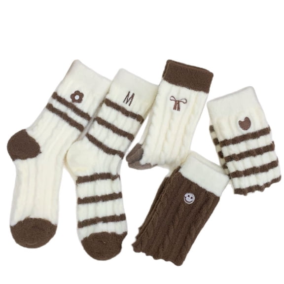5 Pairs Women Mid Calf Winter Crew Socks, Cute Embroidery Striped Socks, Soft Moisture Wicking Warm Casual Socks for Cold Weather Daily Wear