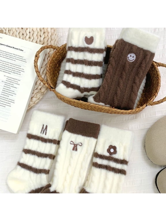 5 Pairs Women Mid Calf Winter Crew Socks, Cute Embroidery Striped Socks, Soft Moisture Wicking Warm Casual Socks for Cold Weather Daily Wear