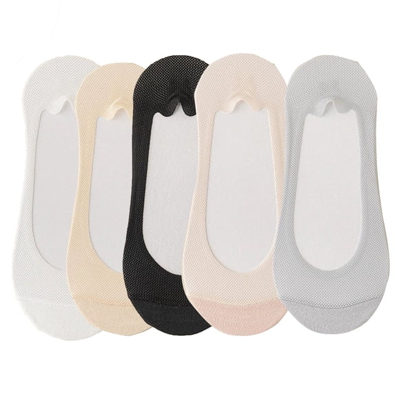 5 Pairs Women No Show Mesh Panel Socks Low Cut Stretch Cotton Liner Non-Slip Design for Ballet Flats and Loafers - 5 pcs-E