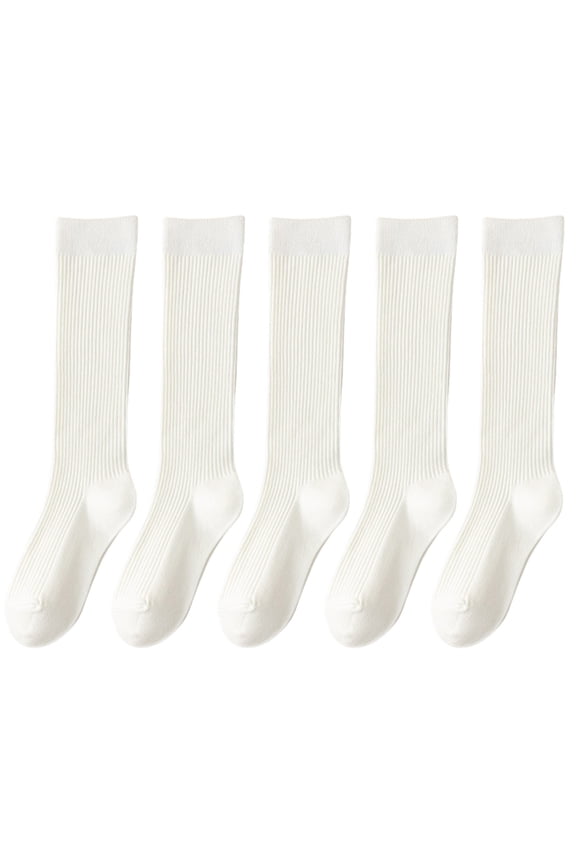 5 Pairs Women Ribbed Knit Cotton Over The Calf Socks with Thick Double Stitching Classical Solid Color Knee Length Socks