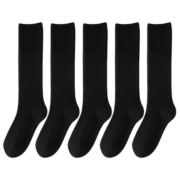 5 Pairs Women Ribbed Knit Cotton Over The Calf Socks with Thick Double Stitching Classical Solid Color Knee Length Socks