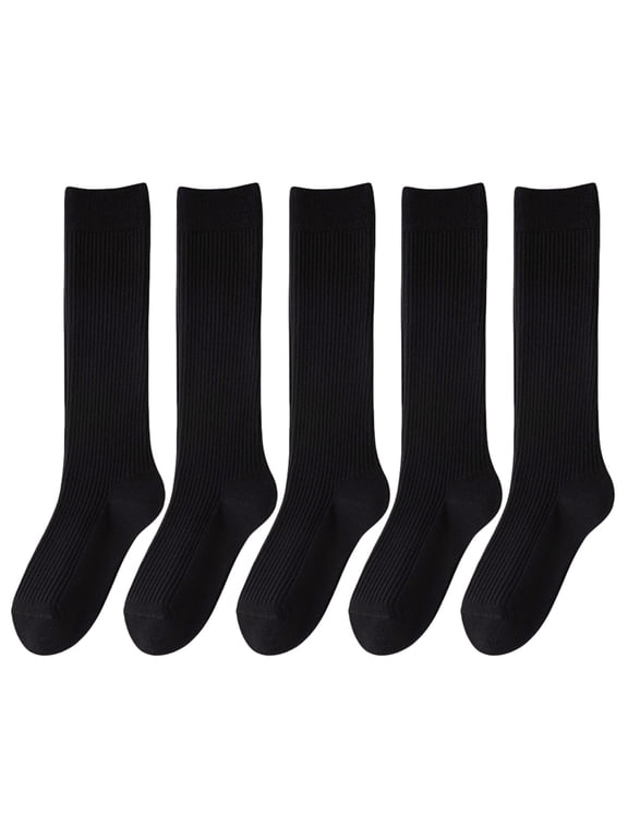 5 Pairs Women Ribbed Knit Cotton Over The Calf Socks with Thick Double Stitching Classical Solid Color Knee Length Socks