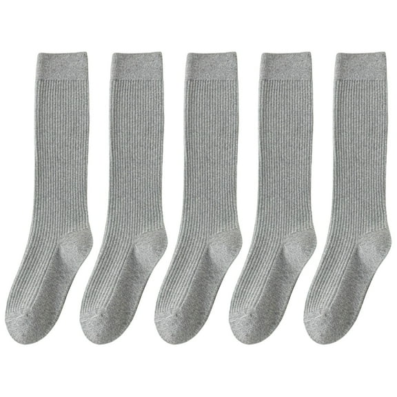 5 Pairs Women Ribbed Knit Cotton Over The Calf Socks with Thick Double Stitching Classical Solid Color Knee Length Socks