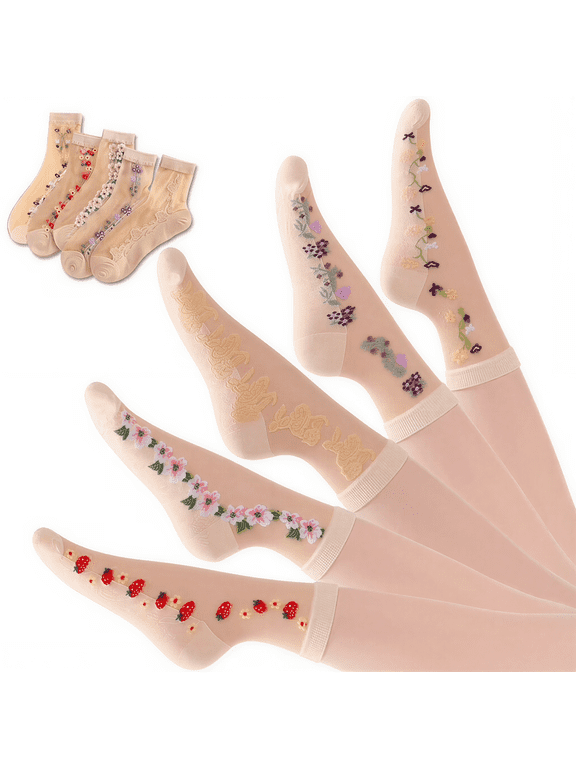 5 Pairs Women Sheer Floral Socks Lace socks Thin Sock See Through Sock for Women Ladies