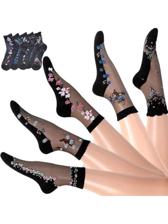 5 Pairs Women Sheer Floral Socks Lace socks Thin Sock See Through Sock for Women Ladies