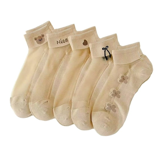 5 Pairs Women Sheer Mesh Socks Cartoon Pattern Summer Ultra Thin Lace Socks Non-slip Invisible See Through Ankle Socks
