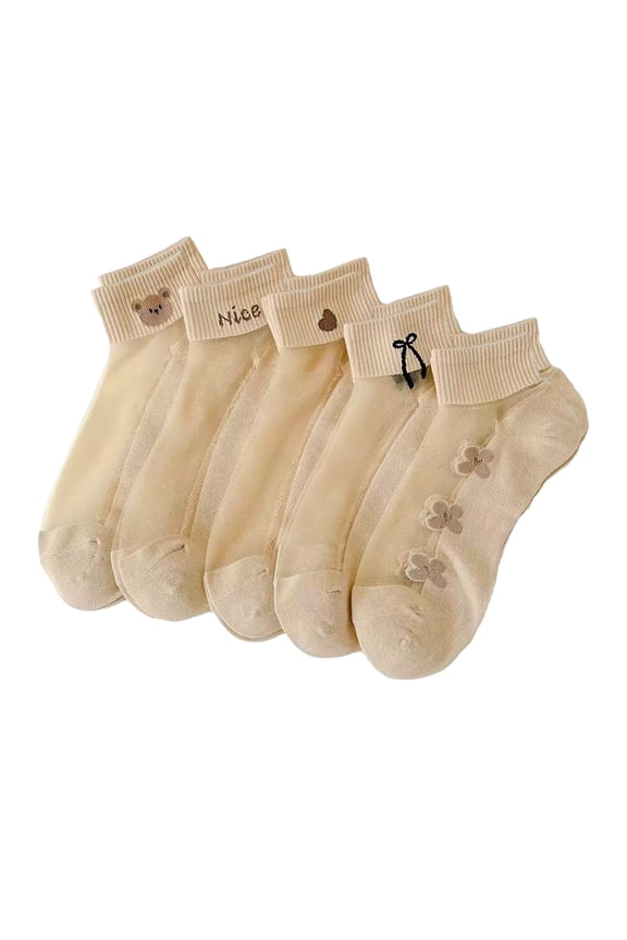 5 Pairs Women Sheer Mesh Socks Cartoon Pattern Summer Ultra Thin Lace Socks Non-slip Invisible See Through Ankle Socks